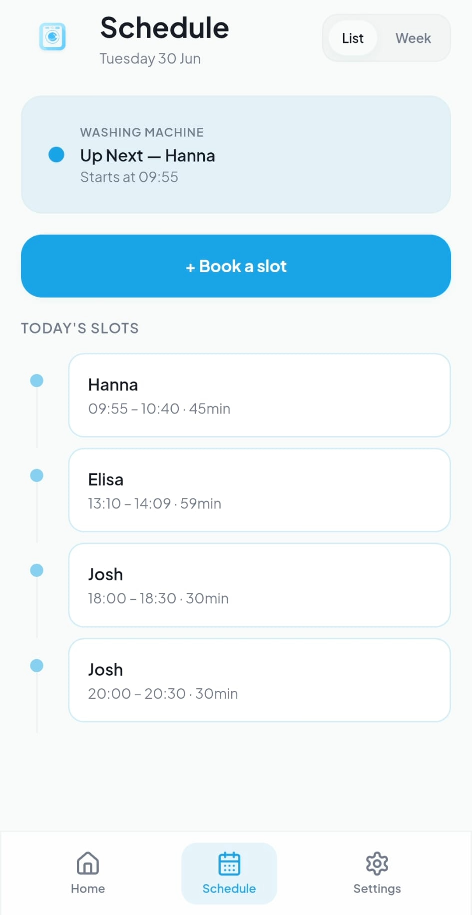 WashQ app showing the washing machine booking schedule