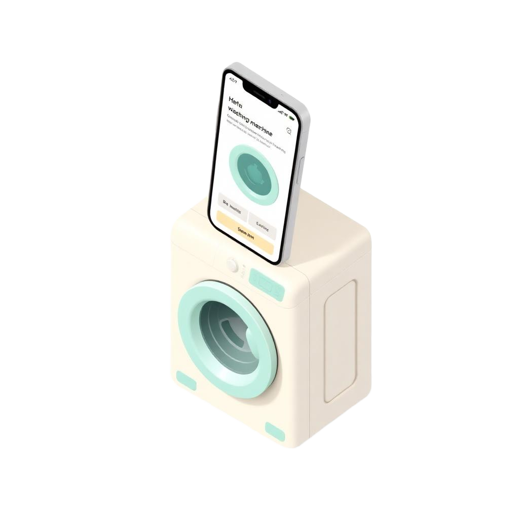 WashQ app preview on a phone above a washing machine